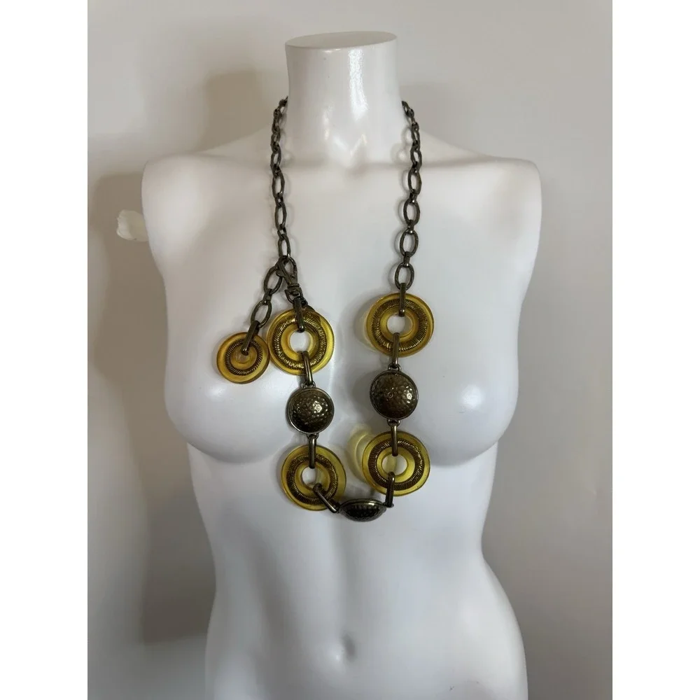 Chicos Metal Yellow Lucite Bronze Medallion‎ Chain Adjustable Belt Necklace 34